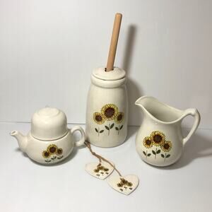 Vintage Sunflower Ceramic Teapot & Teacup Pitcher Butter Churn Heart Décor Set